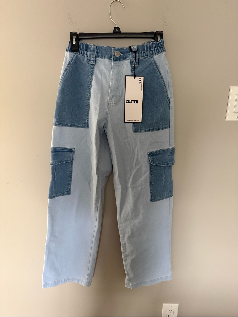 Almost Famous Light and Medium Blue Patchwork Cargo Jeans